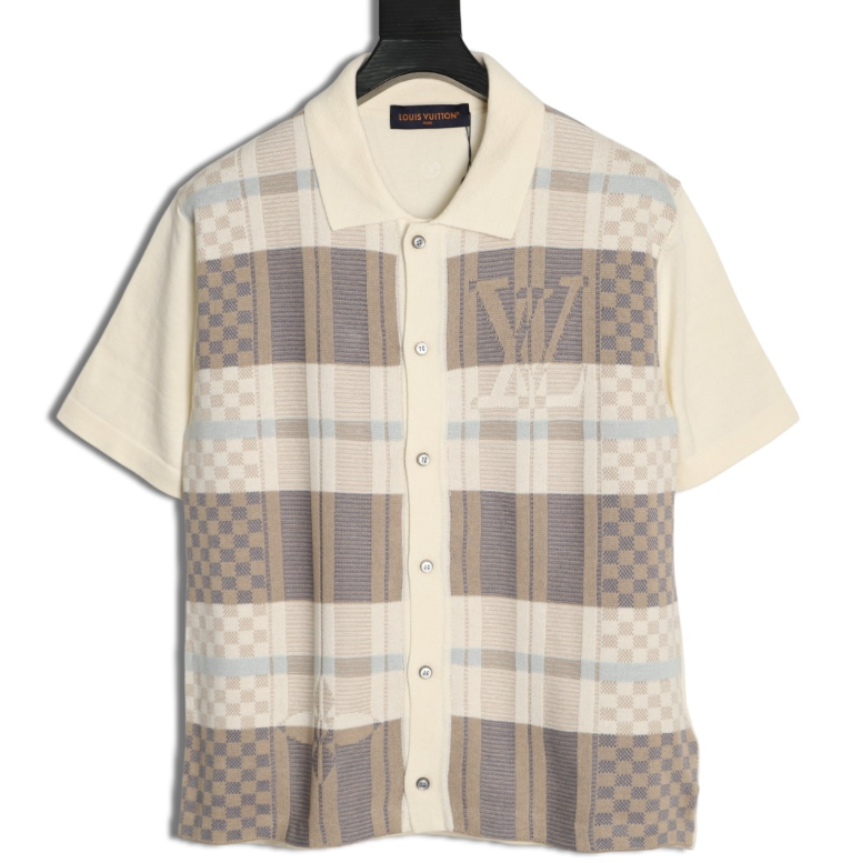 Check Knit Button-Up Polo Shirt – Cream