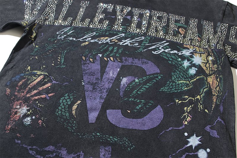 VALE USA Rhinestone Graphic Washed Black T-Shirt